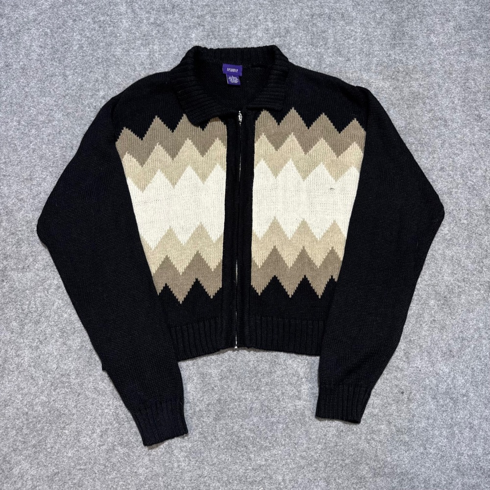 Resource Vintage Chevron Zip Up Cardigan Sweater Black Tan Zig Zag Large
